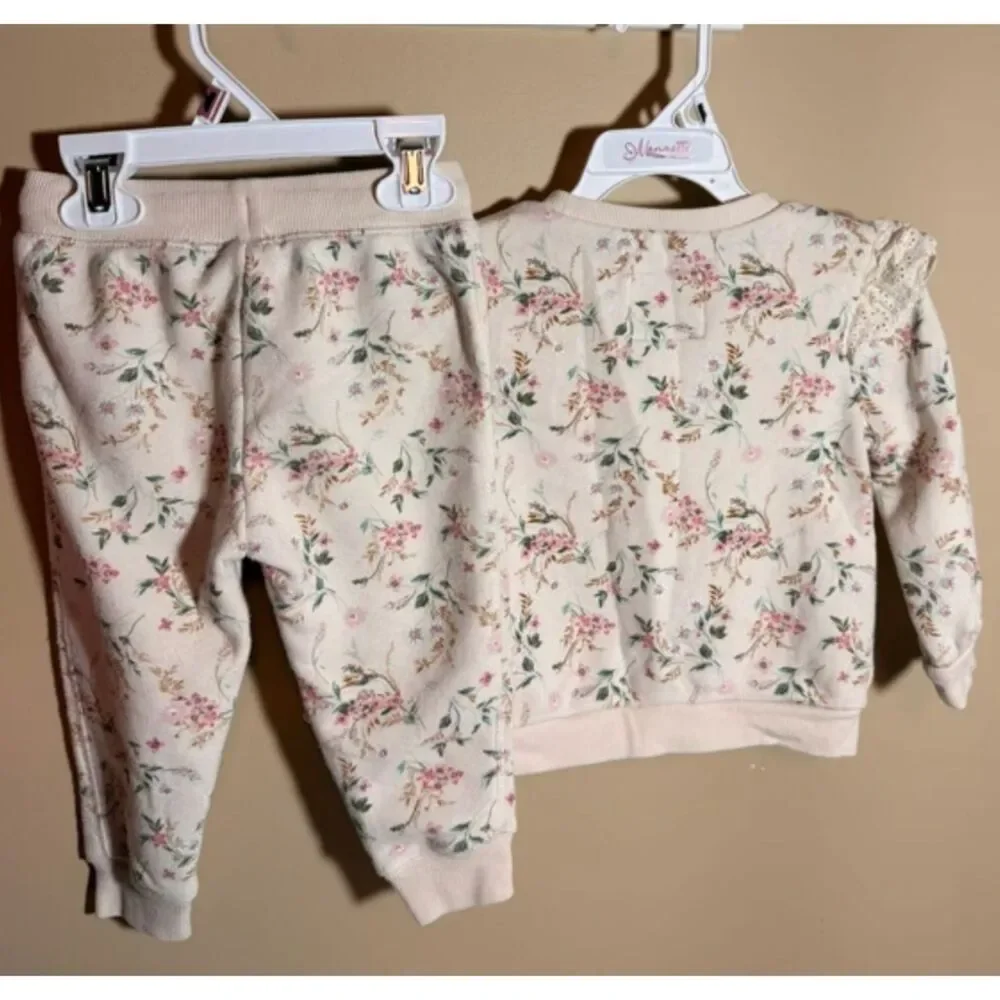 Oshkosh Beige Pink Green White Floral Sweatshirt & Sweatpants Outfit 18m 4013